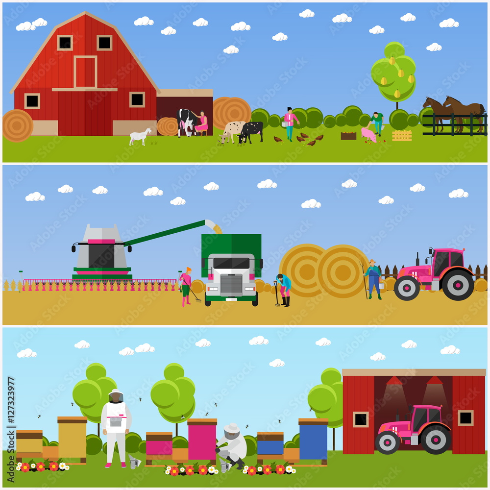 Vector set of farming, harvesting, beekeeping concept banners, flat style