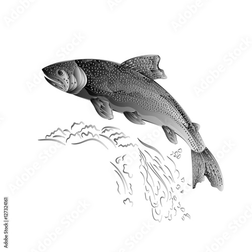 Trout jumps  in stream salmon-predatory fish as wrought metal vintage vector illustration