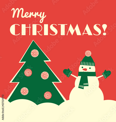 Vector illustration. Retro styled greeting card with a snowman in a hat, mittens and scarf standing near a Christmas tree. Red background, square format.