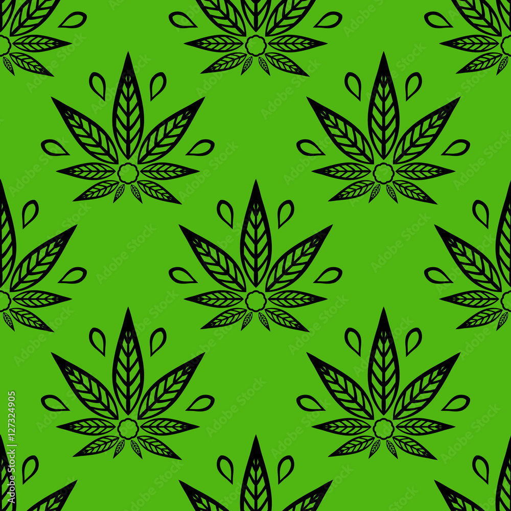 Seamless pattern with of cannabis leaves on a green background. Seamless pattern with of cannabis leaves on a green background.