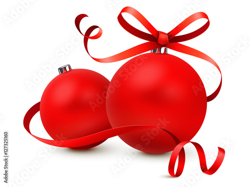 Zwei rote Weihnachtskugeln mit Schleifenband