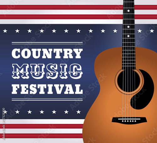 Vector illustration of acoustic guitar on abstract background in style of USA flag with text "Country Music Festival". You can find the whole guitar under the clipping mask in the vector file.