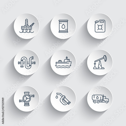 Petroleum industry line icons, gasoline nozzle, barrel, oil and gas production platform, petrol canister, rig, derrick, tanker ship, vector illustration
