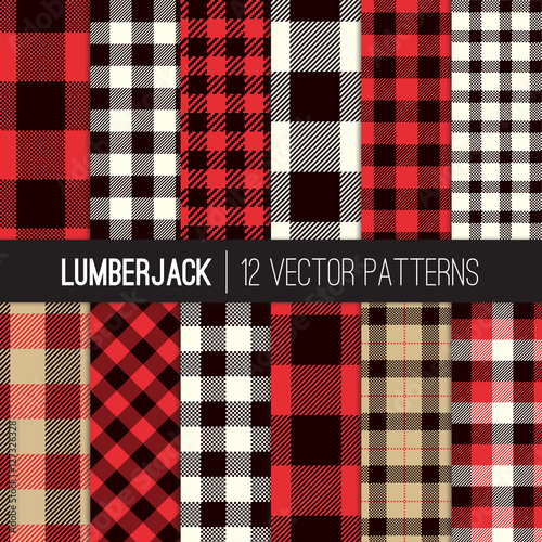 Lumberjack Buffalo Check Plaid Vector Seamless Patterns in Red, Black, Camel and White. Trendy Hipster Style Backgrounds. Tile Swatches made with Global Colors