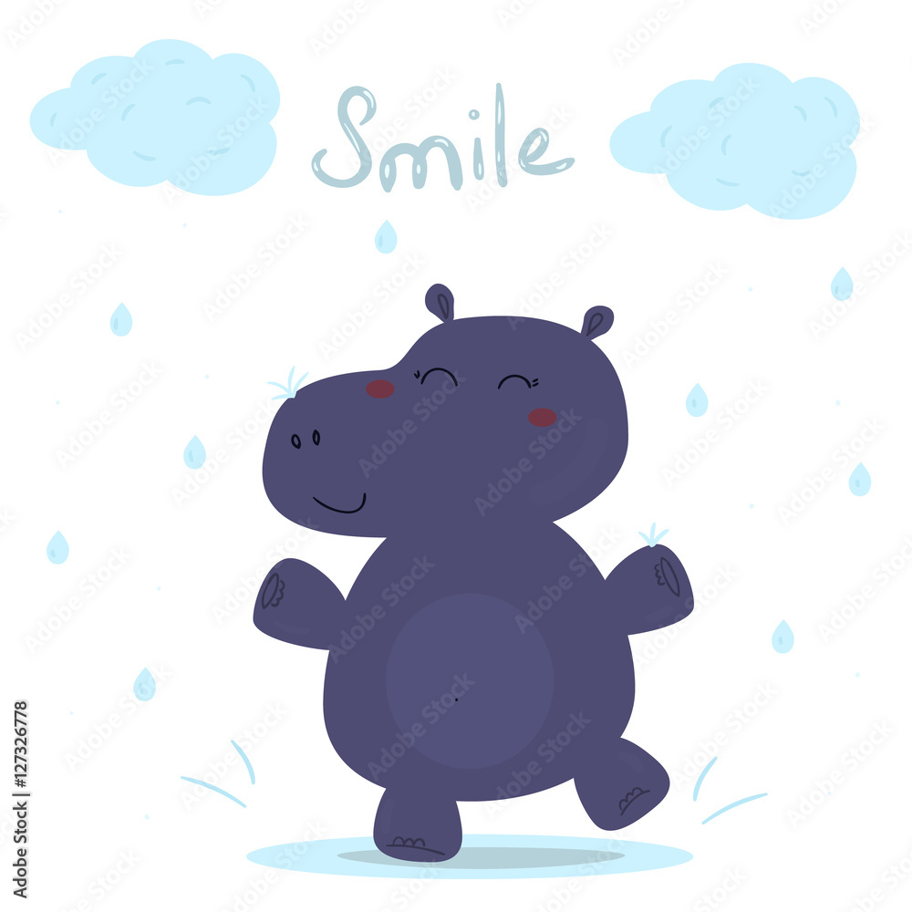 Naklejka premium cheerful hippo in the rain. Printable templates