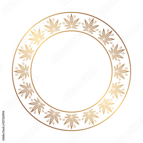 Round gold frame of cannabis. Border of stylized hemp leaf to create promotional products, logos, decoration items.