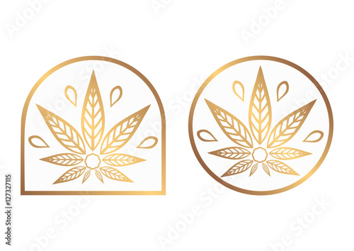 Cannabis gold logo. Hemp Line icons. Stylized leaf cannabis on a white background. Sign T-shirts for design, creating corporate identity and promotional products.