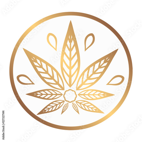 Cannabis gold logo. Hemp Line icons. Stylized leaf cannabis on a white background. Sign T-shirts for design, creating corporate identity and promotional products.
