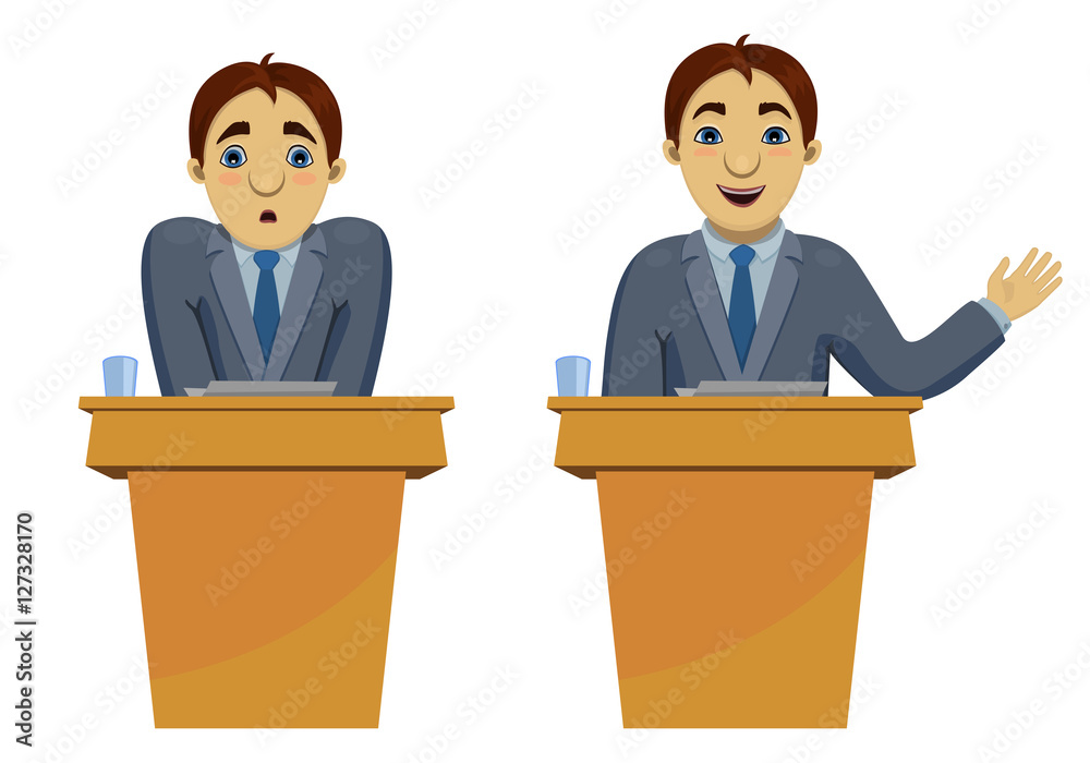 Vector illustration of funny cartoon character: confused scared speaker and  confident orator speaking the speech. Transformation of person on  conference. Isolated on white background. Stock Vector | Adobe Stock