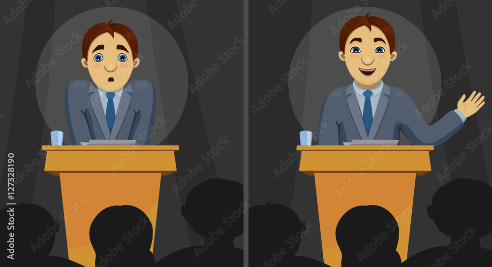 Vector illustration of funny cartoon character: confused scared speaker and confident orator speaking the speech. Transformation of person on conference. Stock Vector | Adobe Stock Vector illustration of funny cartoon character: confused scared speaker and confident orator speaking the speech. Transformation of person on conference. Stock Vector | Adobe Stock