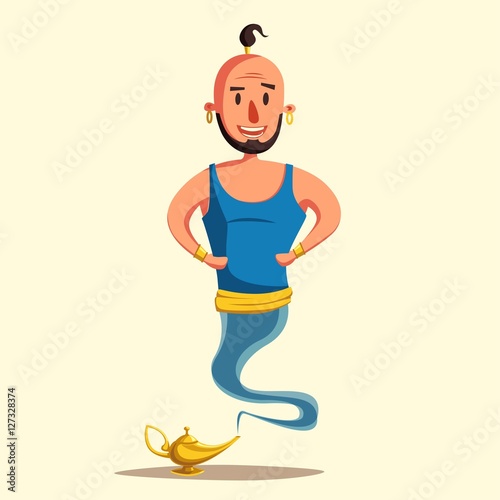 Genie of the lamp. Cartoon vector illustration. Miracle. Old fable