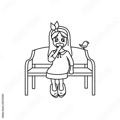  Surprised girl sitting on a bench, a girl in a dress,