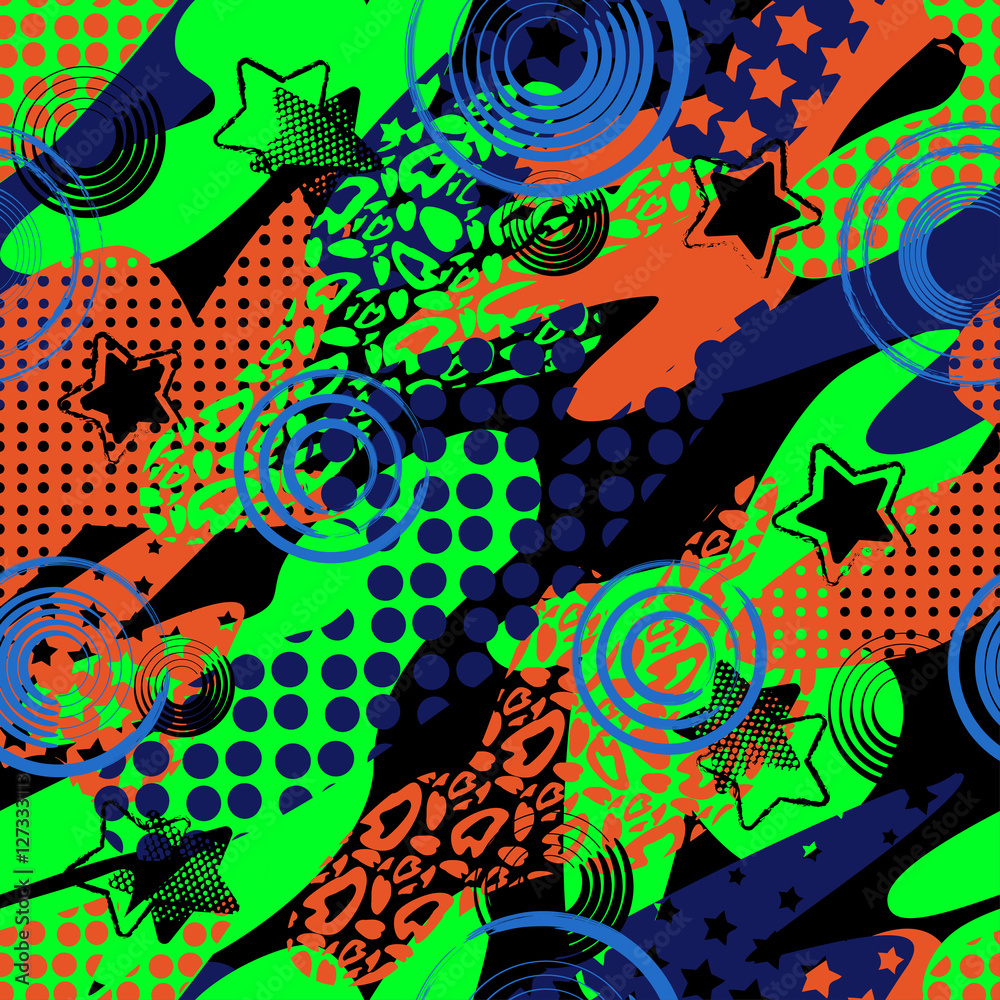 Obraz premium Abstract seamless pattern for girls, boys, clothes. Creative vector background with dots, geometric figures,stripes inscriptions.Funny wallpaper for textile and fabric. Fashion style. Colorful bright.