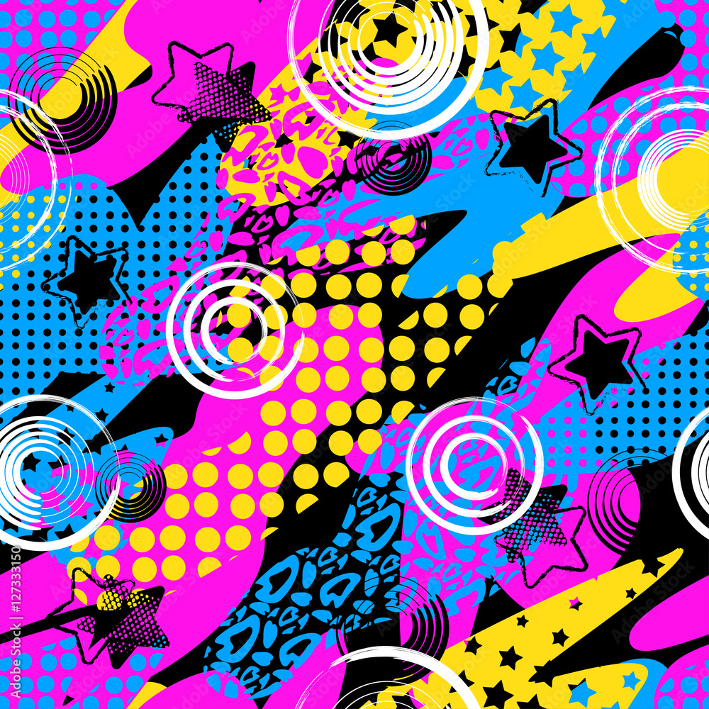 Abstract seamless pattern for girls, boys, clothes. Creative vector background with dots, geometric figures,stripes inscriptions.Funny wallpaper for textile and fabric. Fashion style. Colorful bright. Abstract seamless pattern for girls, boys, clothes. Creative vector background with dots, geometric figures,stripes inscriptions.Funny wallpaper for textile and fabric. Fashion style. Colorful bright.