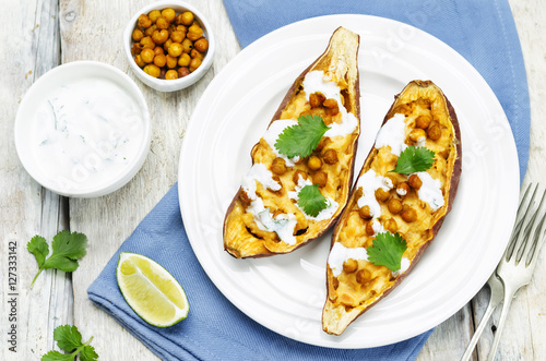 Roasted chickpeas stuffed sweet potato with Greek yogurt cilantr