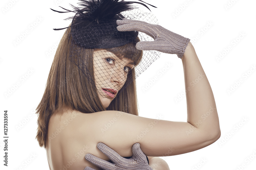 Photo of Young beautiful woman face with white lace choker and gloves