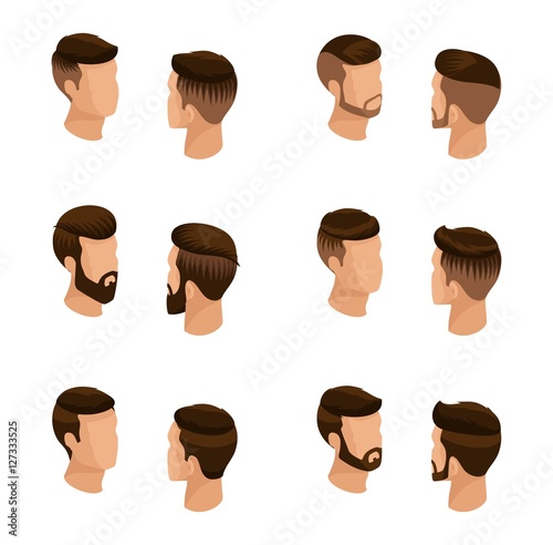 Isometric set of avatars, men's hairstyles, hipster style. Laying, beard, mustache. Modern, stylish hairstyle, young people, fashion business, isolated. Vector illustration