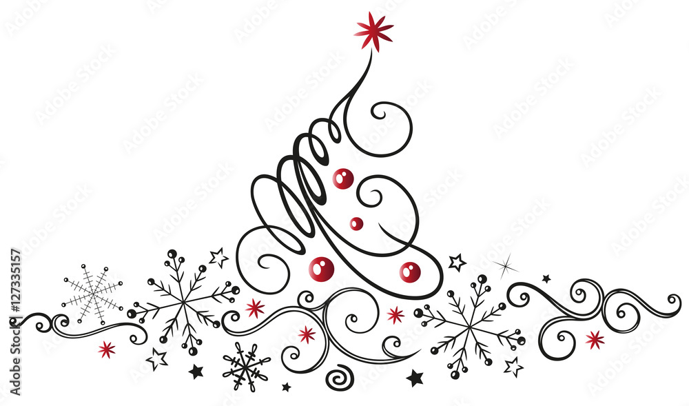 Weihnachten. Abstrakter, filigraner Weihnachtsbaum mit Schneeflocken.