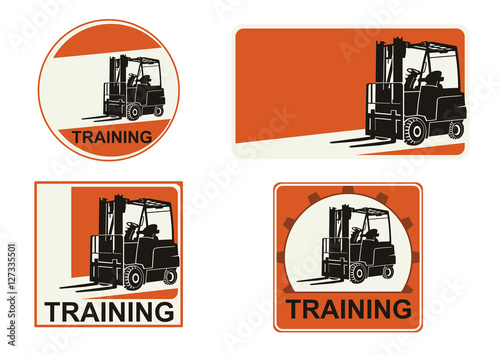 Set of forklift training stickers. Flat vector.