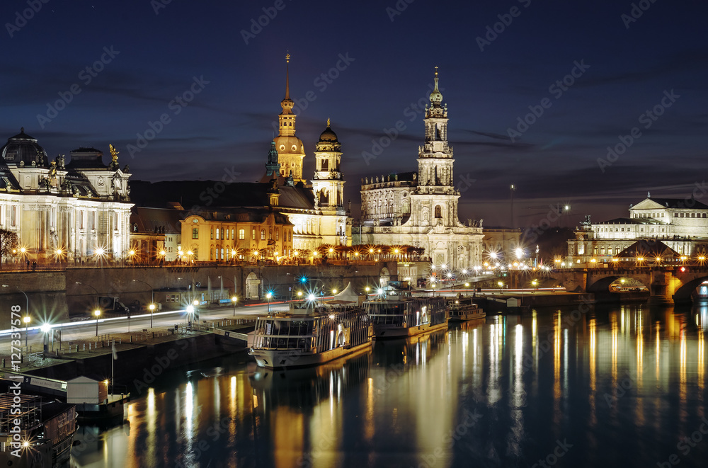 Night view on Dresden architecture with Elbe river.