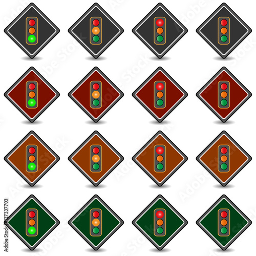 Collection of 16 isolated multicolor icons (buttons) on white background with shadows - traffic lights 