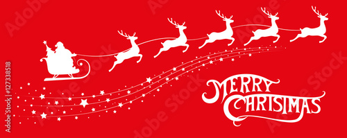 Merry Christmas banner. Silhouette Santa Claus in sleigh with deers flying on stars background. Design elements for decoration holiday poster, flyer, greeting card. Cartoon style. Vector illustration