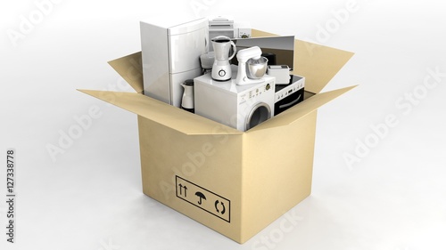 3d rendering home appliances in a moving box