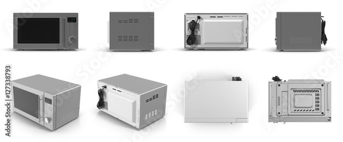 Microwave oven, modern design. renders set from different angles on a white. 3D illustration