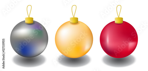 Christmas fir tree ornament isolated on white. Christmas tree balls in red, gold and silver colors.