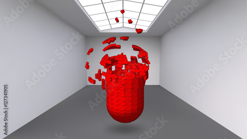Hanging capsule of many small polygons in large empty room. The exhibition space is an abstract object, spherical shape. Capsule at the moment of explosion is divided into fine particles.