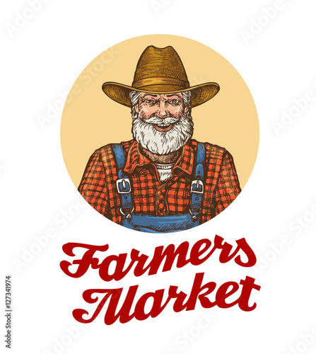 Farmers market vector logo or icon. Farmer in hat