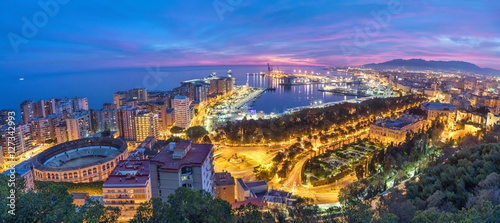 Panorama of sea coast in Malaga on sunset