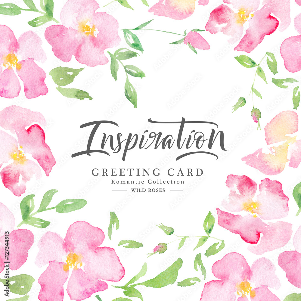 Fototapeta premium Watercolor floral background with pink wild roses