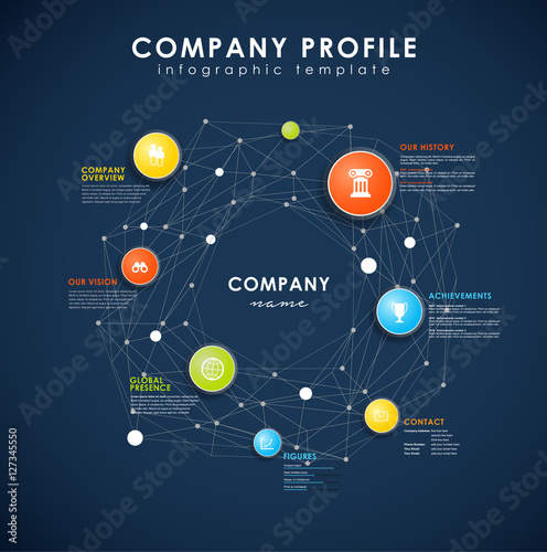 Company profile overview template with colorful circles.