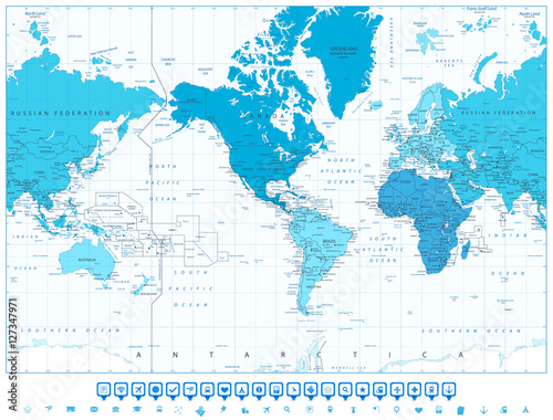 World map continents in colors of blue America in center and nav