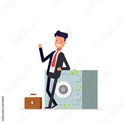 Businessman or manager standing near the closed safe from which stick out money. Man in a business suit waving. Vector, illustration EPS10.