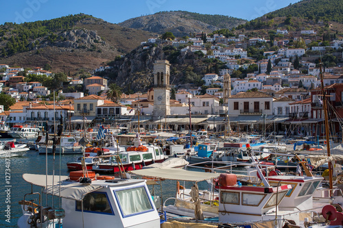 Marina and the pier on the Hydra island, Greece. photo