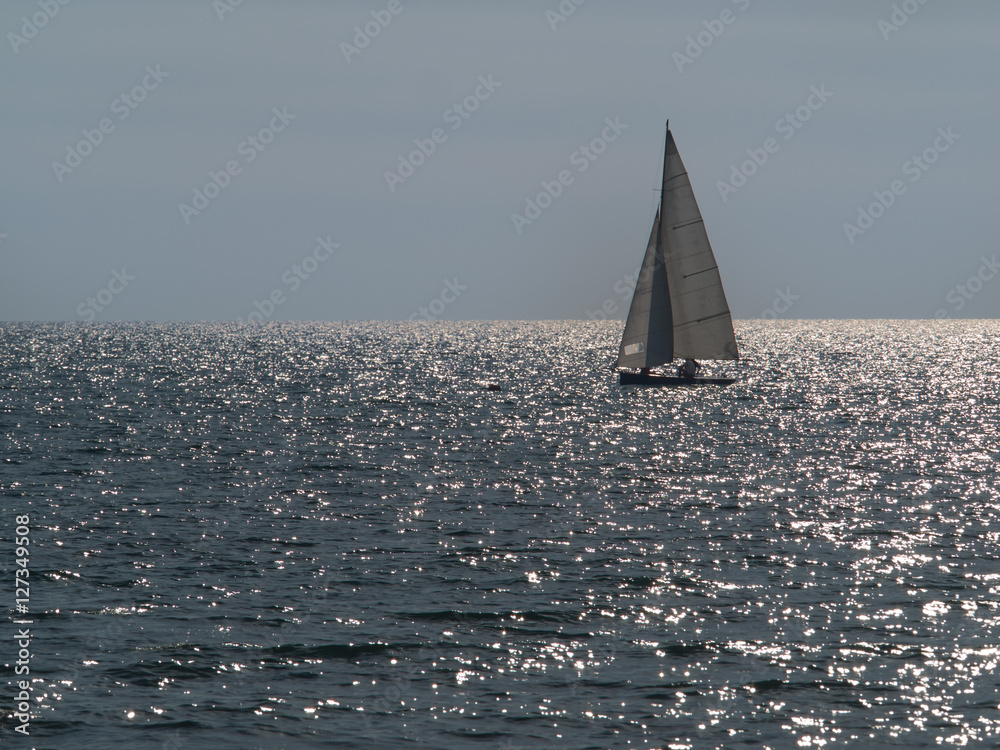 Fototapeta premium small sailboat sailing in a sparkling sea