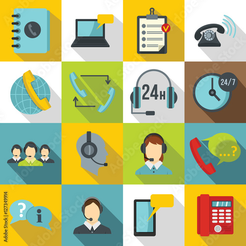Call center symbols icons set. Flat illustration of 16 call center symbols vector icons for web