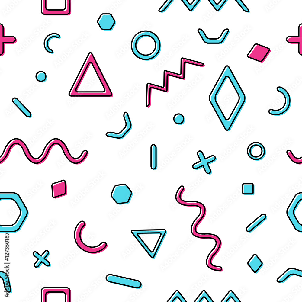 Vector seamless retro memphis pattern with geometric elements. Chaotic trendy geometry in hipster style. Suitable for posters, covers, prints. Vector seamless retro memphis pattern with geometric elements. Chaotic trendy geometry in hipster style. Suitable for posters, covers, prints.