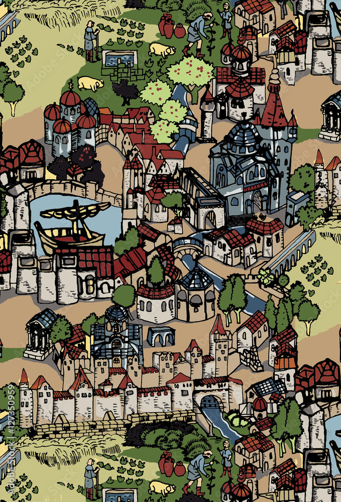Medieval village, town, drawing coloured.  