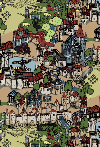 Medieval village, town, drawing coloured. 