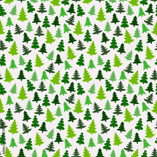 Seamless pattern with green silhouettes of fir-trees and pines. Winter forest background.