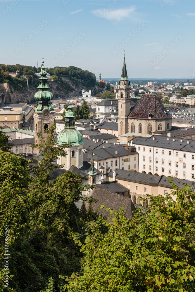 aerial view of Salzburgh cathedral and Franciscan church, Salzburg, Austria