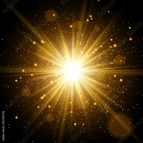 Light effect. Star burst with sparkles. Gold glitter texture