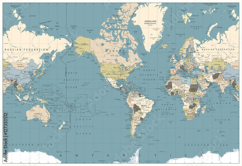 World Map retro colors illustration - America Centered World Map