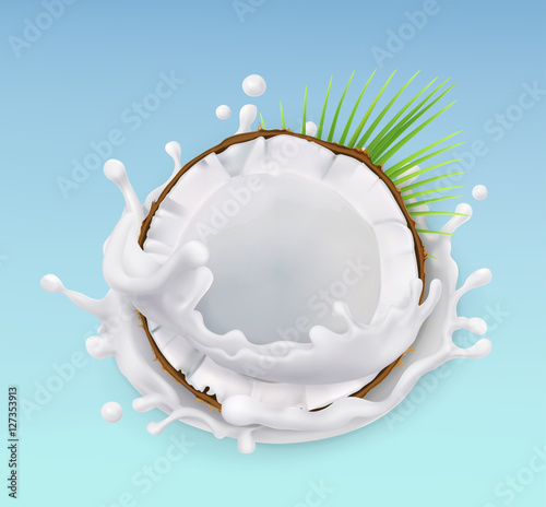 Coconut and milk splash. Fruit and yogurt. Realistic illustration. 3d vector icon