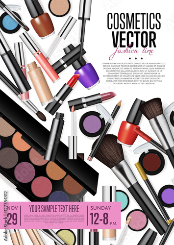 Cosmetics product presentation poster. Makeup accessories set. Cosmetics promotion flyer with date and time. Brushes, powder palettes, lipstick, eye pencil, nail polish vectors. For beauty salon, shop