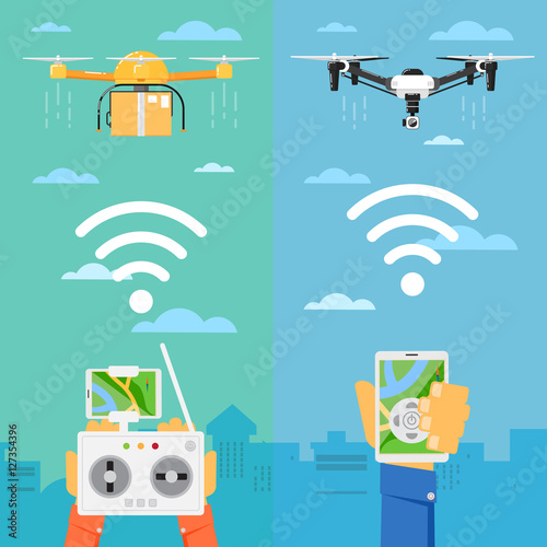 Drone technology banner with remotely controlled flying robots in city vector illustration. Multicopter piloting with tablet or smartphone. Unmanned aerial vehicle. Modern flying device with camera.