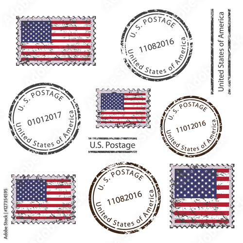 Vintage USA American grunge postal stamps and postmarks with USA flag, set isolated on white background, vector illustration.